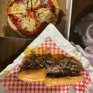 Margarita pizza and Philly cheesesteak