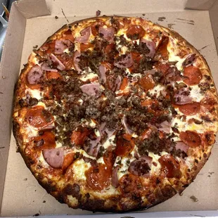 pepperoni, sausage, and cheese pizza