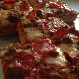 Pepperoni and sausage Sicilian pizza
