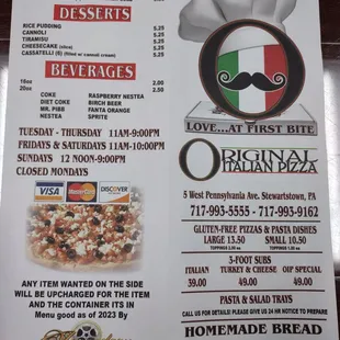 the menu for the restaurant