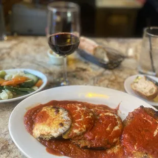 Eggplant Parmigiana, side of vegies and a glass of Chianti