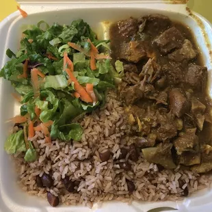 Curry Goat with Rice and Peas, and Fresh Salad.