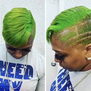 a woman with bright green hair