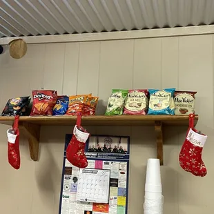 a shelf full of food items