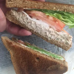 Tuna sandwich Whole W toast   norm $4.50 but I got lettuce tomatoes and onions total $5.65 good, but wasn&apos;t told I&apos;d be charged more.