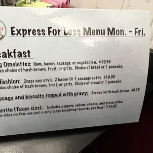 Express breakfast menu