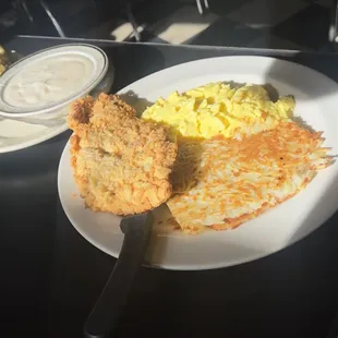 Chicken Fried Chicken  Hashbrowns Baked Mac And Cheese Scrambled eggs
