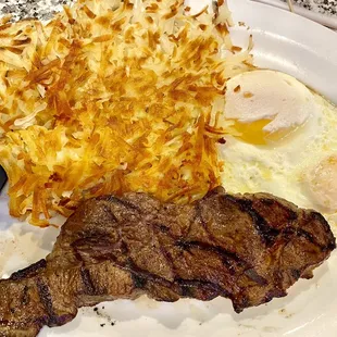 6 oz NY steak,  2 eggs, hash browns  and with toast NY Steak and Eggs NY Steak and Eggs NY Steak and Eggs