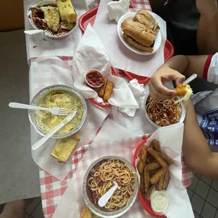 chicken parm sub, spag + meatballs, zucchini sticks, spag + marinara, cheese ravioli + Alfredo sauce, eggplant parm with mozzarella sticks