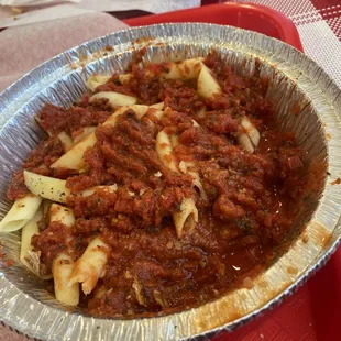 Mostaccioli with meat sauce.