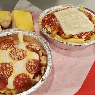 Pizza fries and baked mostaccioli with extra cheese and chicken