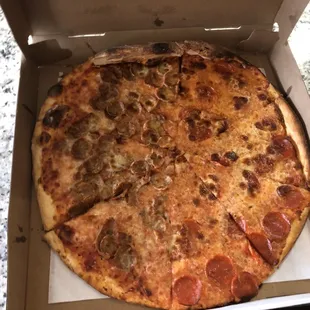 Med pizza- Half pepperoni and half sausage with extra cheese