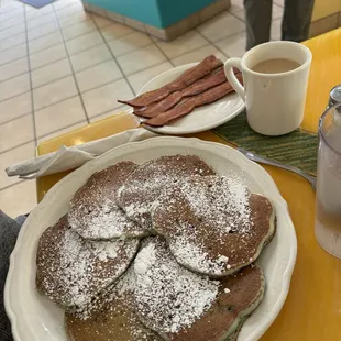 Blueberry pancakes with a side of bacon