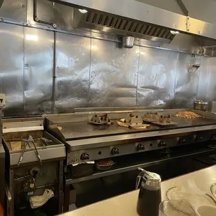 Same grill used to make pork products with all of your other food, ONE SPATULA TO FLIP EVERYTHING.