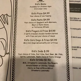 Kids menu