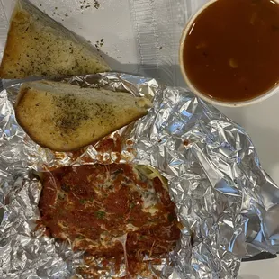 Chicken Parmesan Pasta with marinara and minestrone soup