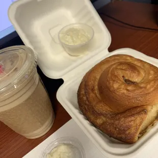 Cinnamon roll and iced vanilla latte