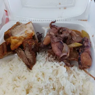 Squids &amp; lechon (roast pork) rice plate, $9.99.