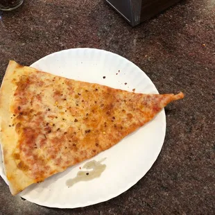 a slice of cheese pizza on a paper plate