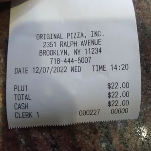 Receipt large cheese pizza CASH ONLY
