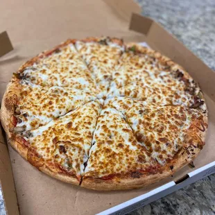 a cheese pizza in a box