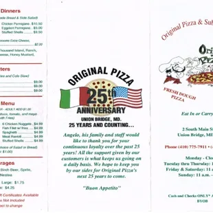 menu for original pizza