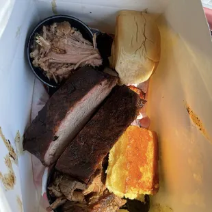 Bbq ribs + brisket + smoked leg quarter + honey butter cornbread