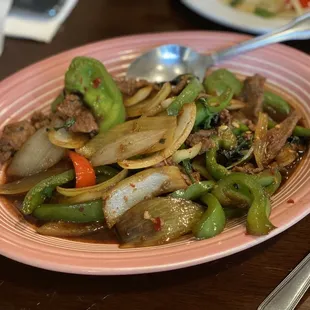 Beef, onions, bell peppers