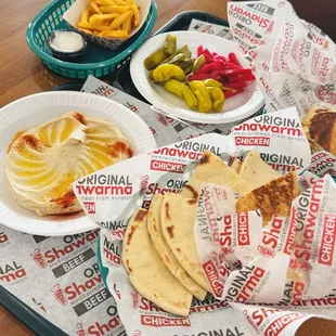 Hummus, Pita Bread, Fries, and the most amazing and authentic Chicken Shawarma I have had since living in the Middle East.