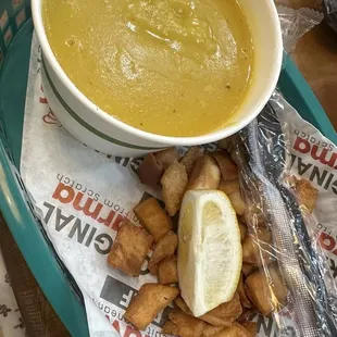 Lentil soup with pita chips