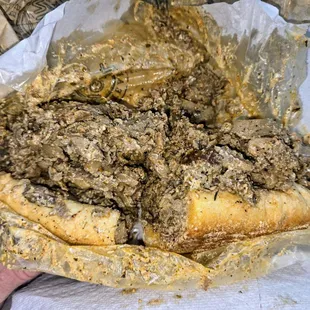 Black &amp; Blue Cheesesteak.  Looks a mess but it&apos;s delish!