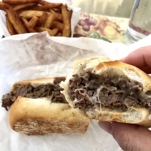 Fresh Philly cheesesteak with beer battered fries