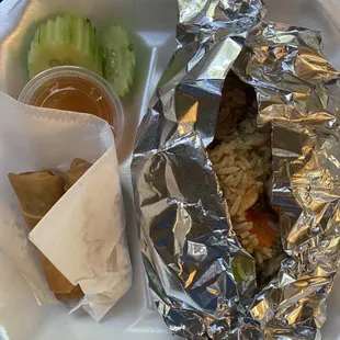 Lunch box Shrimp fried rice with spring roll. Super yum