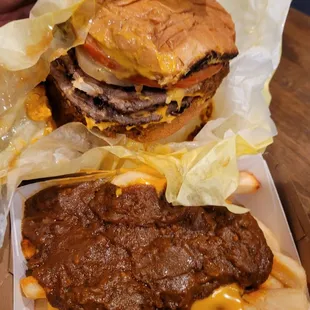 Triple Chili Cheeseburger w/ Chili Cheese Fries.