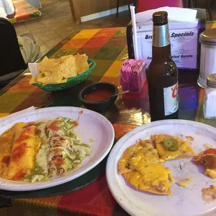 Chicken verde enchilada and cheese enchilada. Cheese nachos