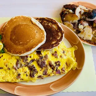 an omelet and pancakes