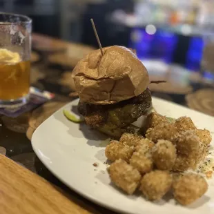 Bacon cheddar burger w: parm tots