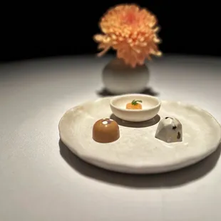 Miso and yuzu bon-bon; Kohakutou with kumquat and jasmine