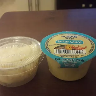 Tartar sauce container is bigger than the potato salad!