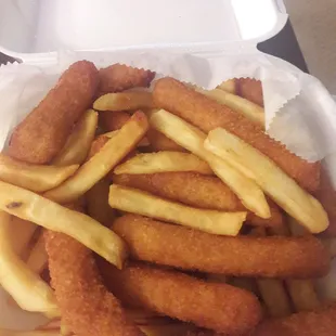 "Fish and chips" Fish sticks and french fries. Get real.