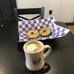 Latte With Almond Milk And A Bagel