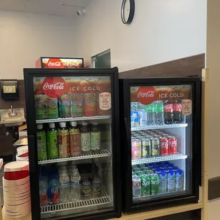 a refrigerated beverage display in a restaurant