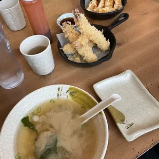 Medium miso soup, shrimp tempura, and goyza