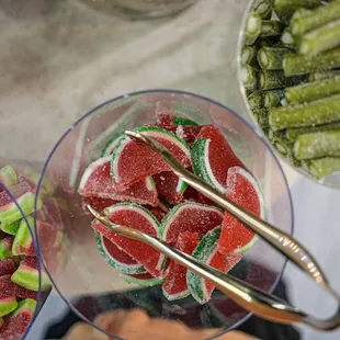 a bowl of watermelon and green beans