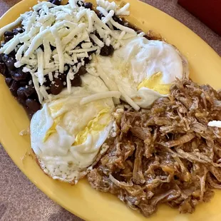 Breakfast Plate w/ beans, eggs, shredded beef, and arepa