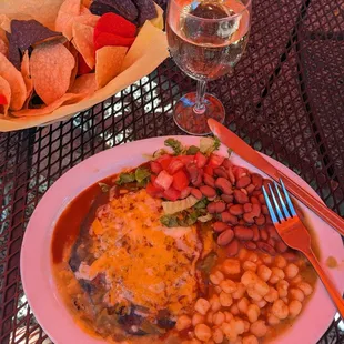 Blue Corn Cheese Enchilada with Posole and Beans.