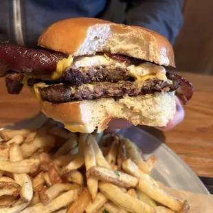 Cheeseburger with bacon and fried egg