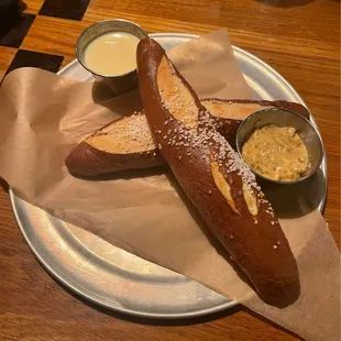 Beer Dipped German Pretzel with Beer Cheese and Mustard