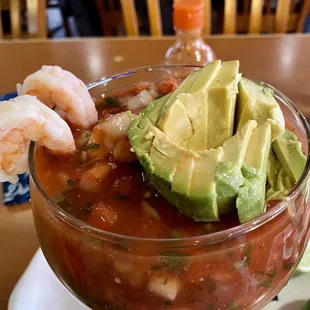 shrimp, avocado, and tomato soup