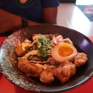 Chicken Karaage Rice Bowl: Rice, Japanese fried chicken, Ajitama, Green scallions, Pickled Ginger, Sweet Soy , and Kewpie.